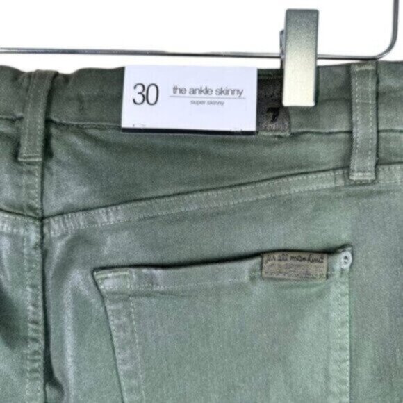 NWT 7 For All Mankind | Olive Green Stretchy Super Skinny Waxy Feel Jean Size 30 - Picture 4 of 7